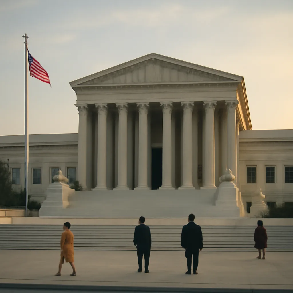 Exterior of the United States Supreme Court building at dawn, marble steps and columns visible, American flag at half-staff.