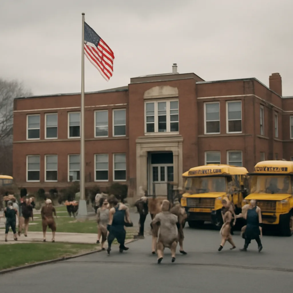 Children and school buses at the entrance of a mid-20th-century American public school, with a school building and staff in period dress visible; scene suggests arrival or dismissal during the era of desegregation litigation.