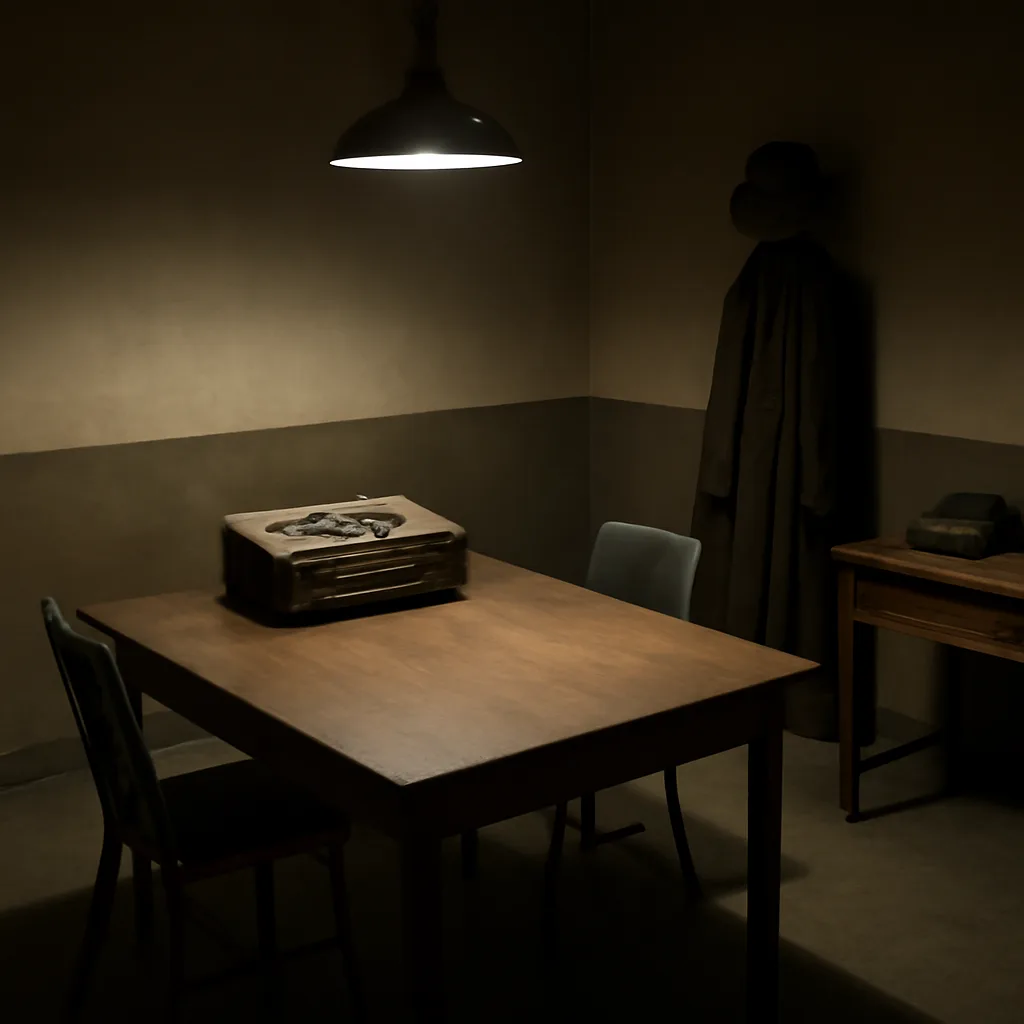 1960s-era police station interrogation room with a table, two chairs, a tape recorder, and a dim overhead light; no identifiable faces visible.