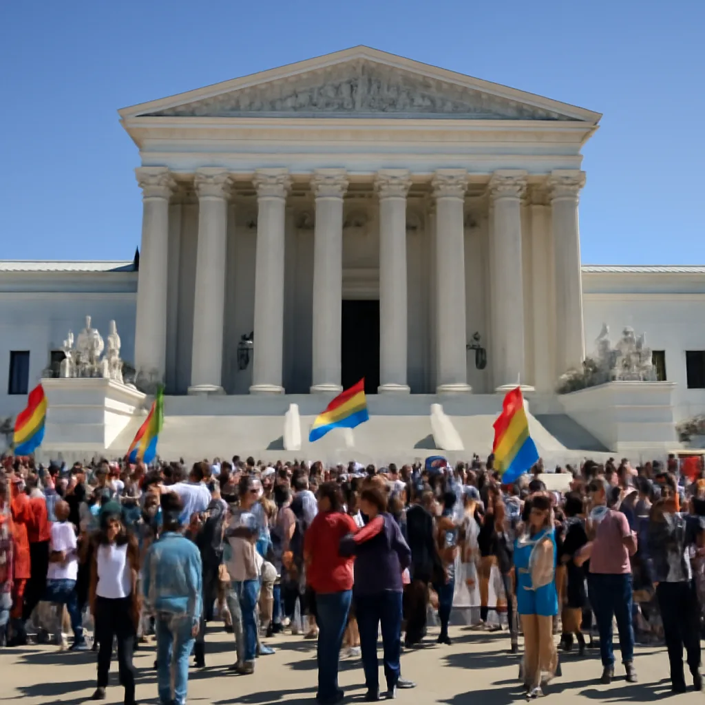 Historic scene outside the U.S. Supreme Court on June 26, 2015, with crowds gathered and flags and signs supporting marriage equality visible; the Supreme Court facade is in the background.
