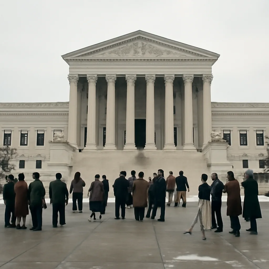 Exterior of the United States Supreme Court building in Washington, D.C., circa early 1970s, showing its neoclassical facade and steps where people gather for news and demonstrations.