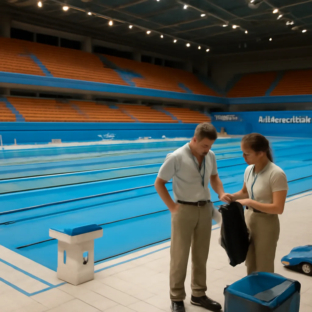 Competitive indoor swimming pool during a major international meet, with lane lines, starting blocks, and officials on pool deck; swimmers and coaches at a distance.