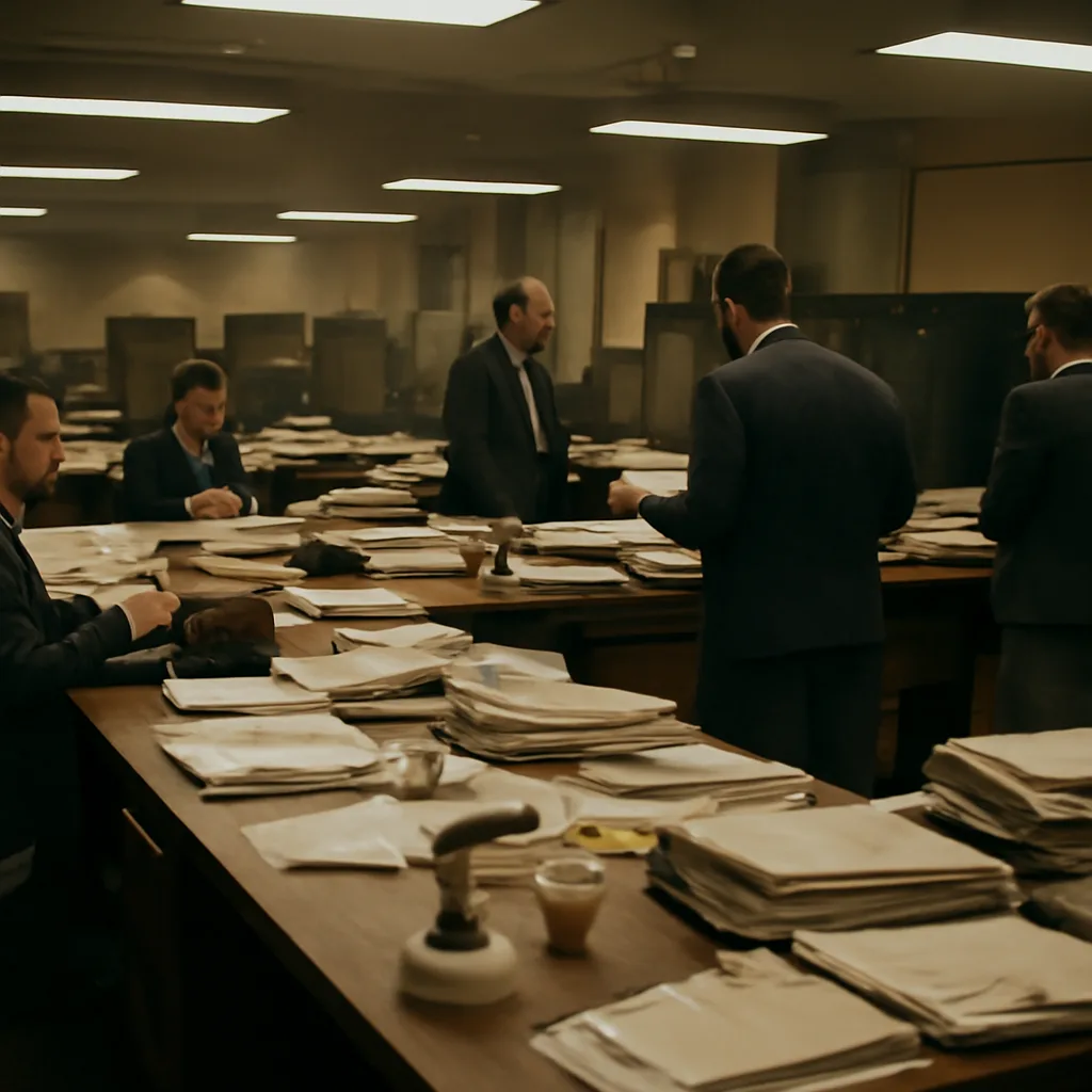 A 1980s British newsroom with stacks of newspapers, telephones and typewriters on desks, and editors examining printed pages.