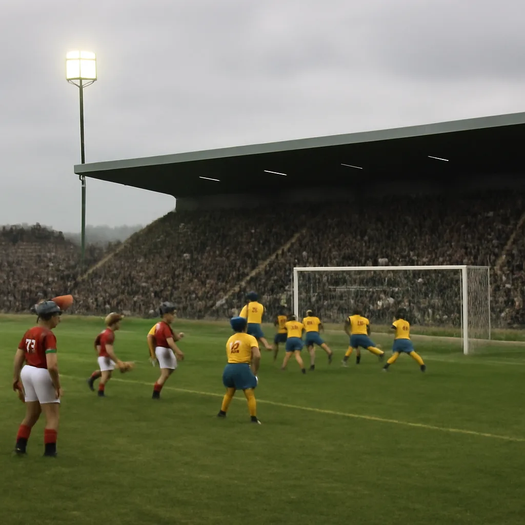 Wide view of a soccer pitch late in a competitive match with one team defending deep in their own half while opponents press; several players clustered near the penalty area and a goalkeeper preparing to claim a cross.