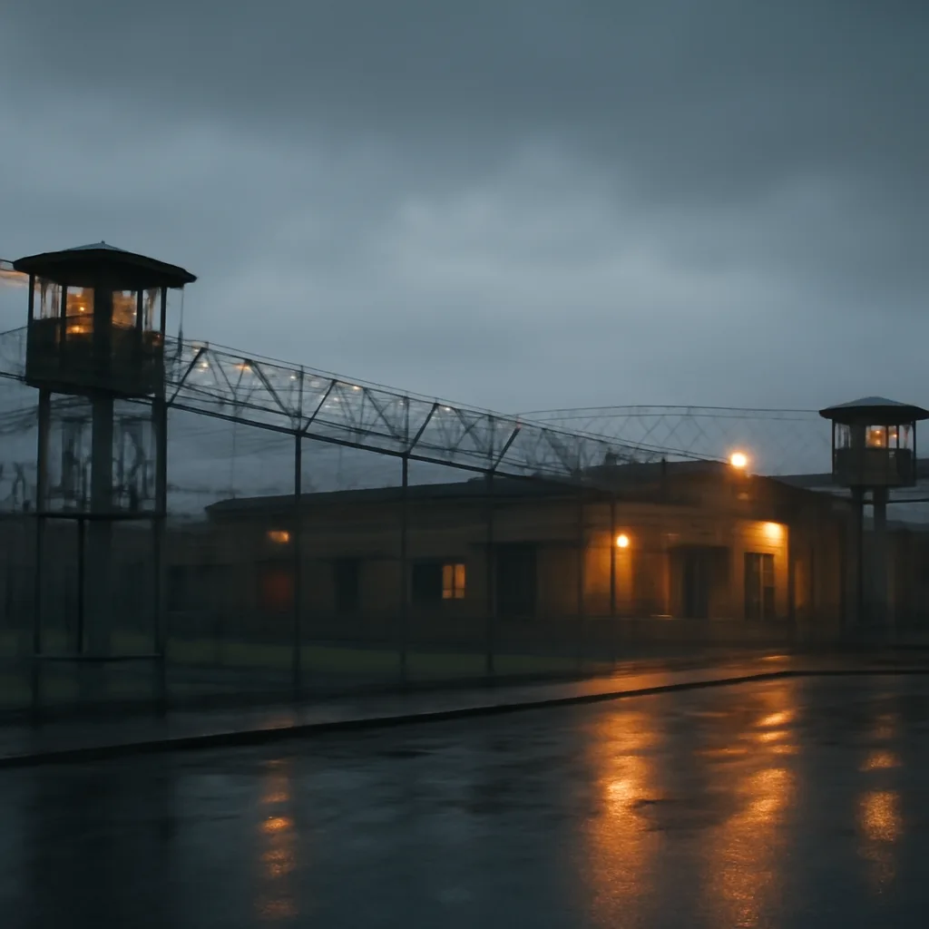 Exterior of Florida State Prison at Raiford at dusk, low-lit perimeter fence and guard towers; no people visible.