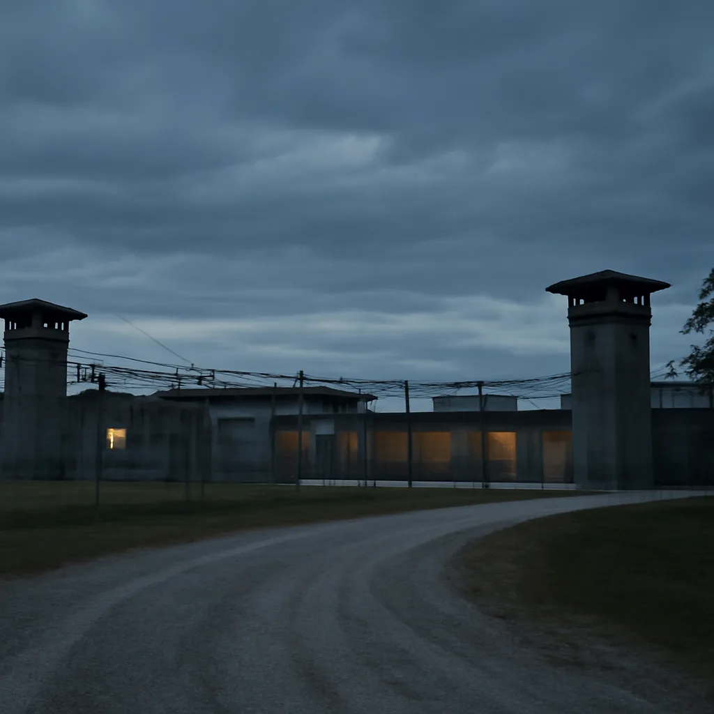 Exterior of Florida State Prison in Raiford, Florida, in the late 1980s; institutional brick and chain-link perimeter fencing under overcast sky.
