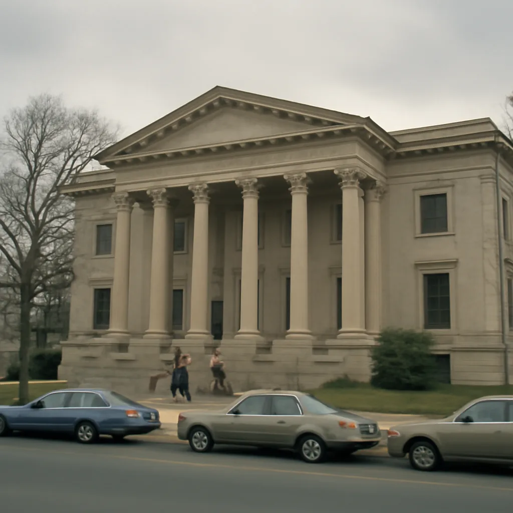 Exterior of the Leon County courthouse in Tallahassee, Florida, circa late 1970s–1980, with a small crowd and period vehicles parked nearby.