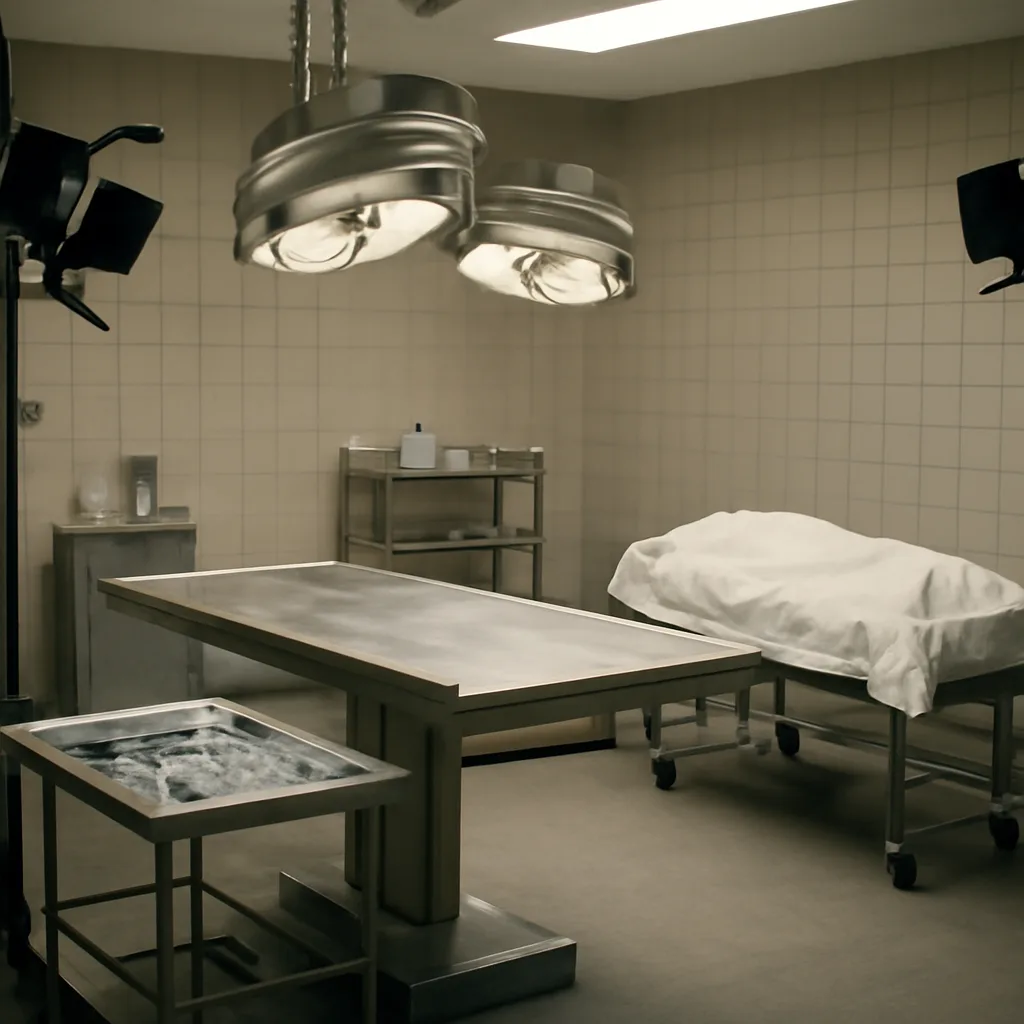 A 1970s-era hospital morgue room with surgical lights and metal autopsy table; medical instruments laid out, no identifiable faces visible.