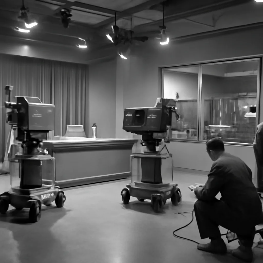 A 1950s newsroom with large cameras and technicians preparing to broadcast parliamentary/hearing coverage to a studio audience; people in period suits and ties, studio lighting and control room equipment visible.