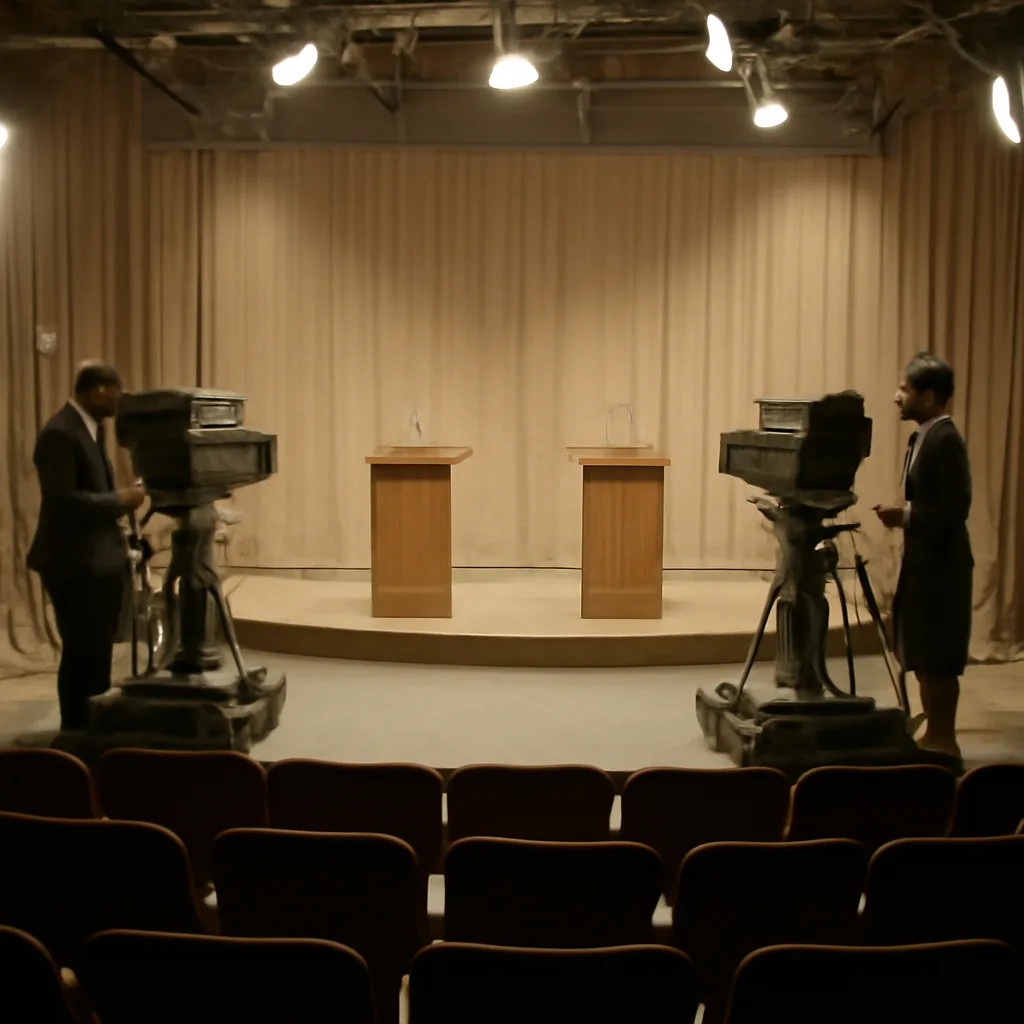 A mid-20th-century television studio set with podiums and microphones on a stage under studio lighting; an empty audience area and broadcast cameras visible, representing a 1960 presidential debate setting.