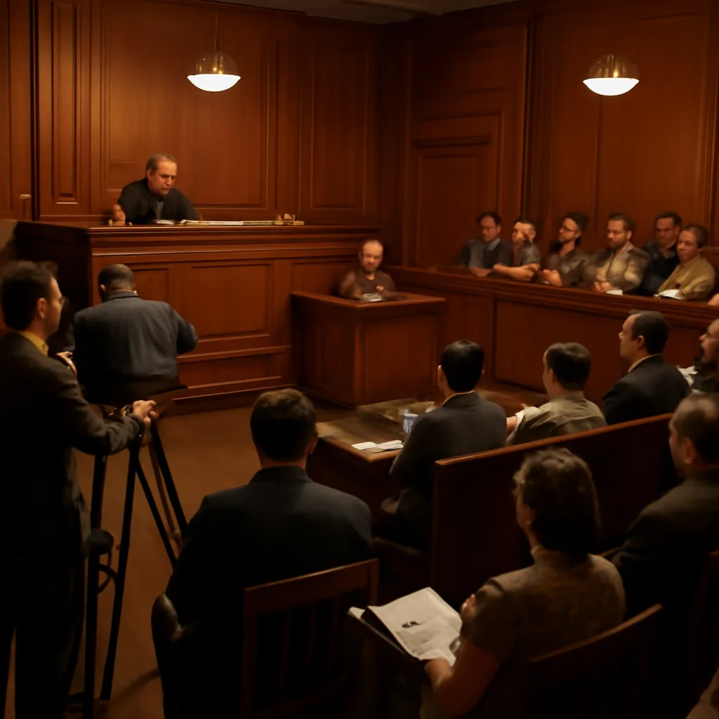 Mid-1950s courtroom interior with wooden benches, judge’s bench, reporters with bulky reel-to-reel TV cameras and microphones set up in aisles, and court staff; no identifiable faces.