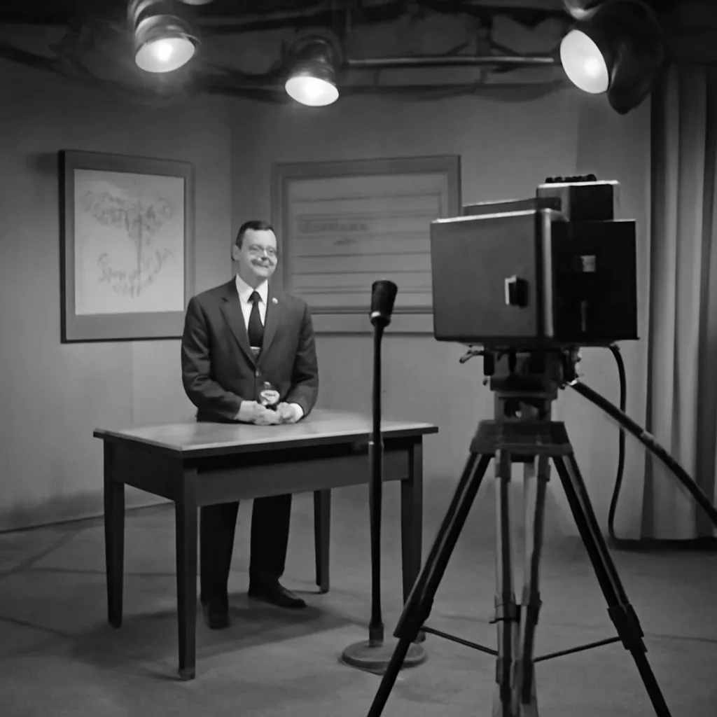 Black-and-white 1940s television studio with a suited news presenter standing beside a camera and control equipment, studio lights overhead, and a backdrop suggesting maps or headlines.