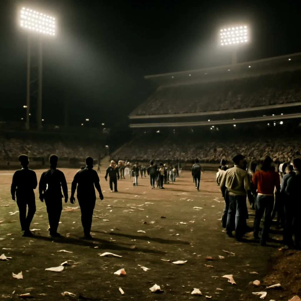 Crowd and police at night inside a large 1970s-era baseball stadium with debris on the field, some fans on the warning track, and uniformed officers attempting to regain control.