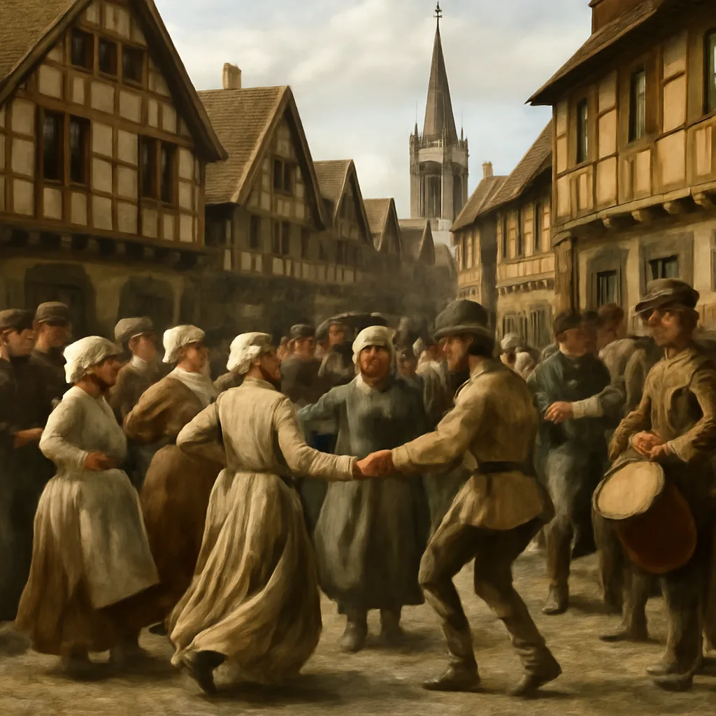 A crowded 16th-century Alsatian street with dozens of people dancing in loose, period dress amid onlookers and city officials; wooden houses and a distant church spire are visible.