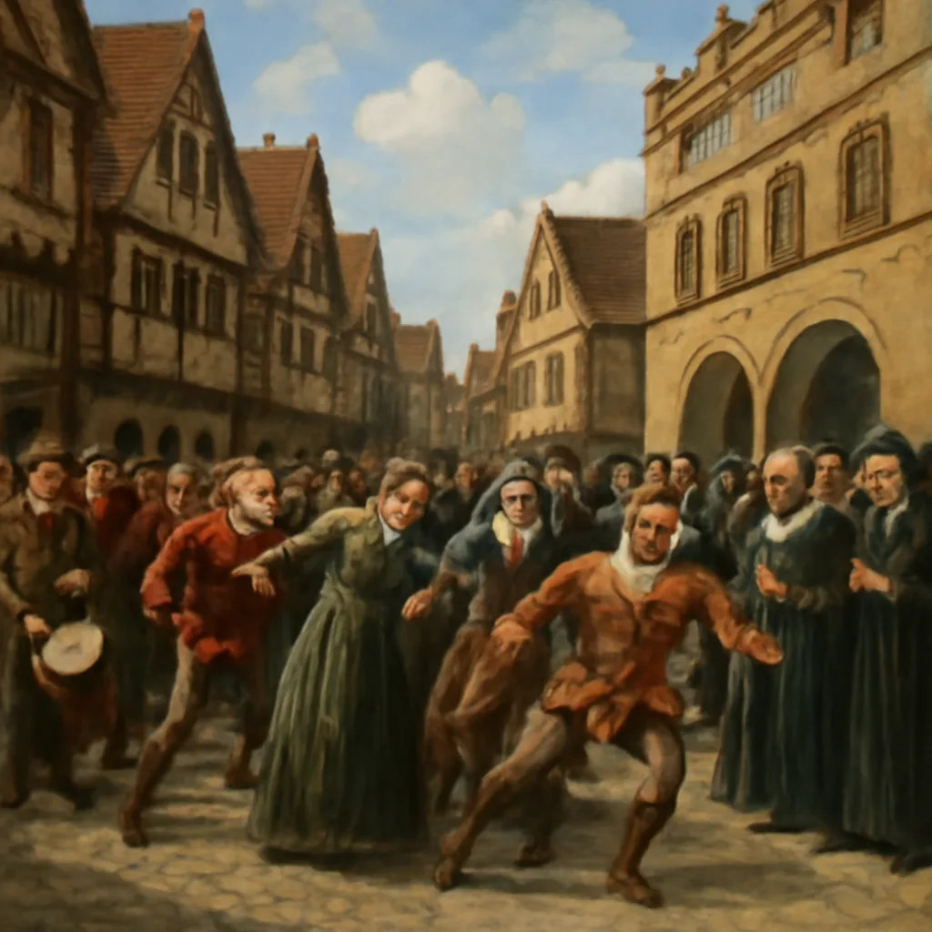 Crowded 16th-century Strasbourg street with several people moving or dancing unusually, civic buildings and onlookers in period dress; scene implies communal disturbance without identifiable faces.