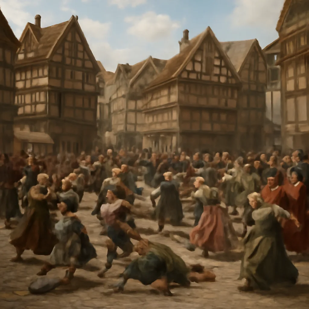 Crowded medieval Strasbourg street scene in summer 1518: townspeople in period dress dancing in the roadway amid timber-framed houses and market stalls, with city officials and clergy observing from the periphery.