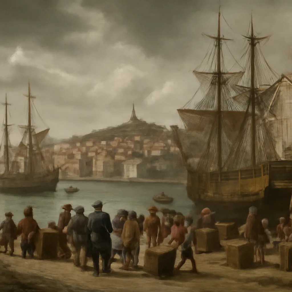Early 18th-century Marseille harbor with sailing ships at dock, officials and laborers nearby, and a distant view of city walls and rooftops under a somber sky.