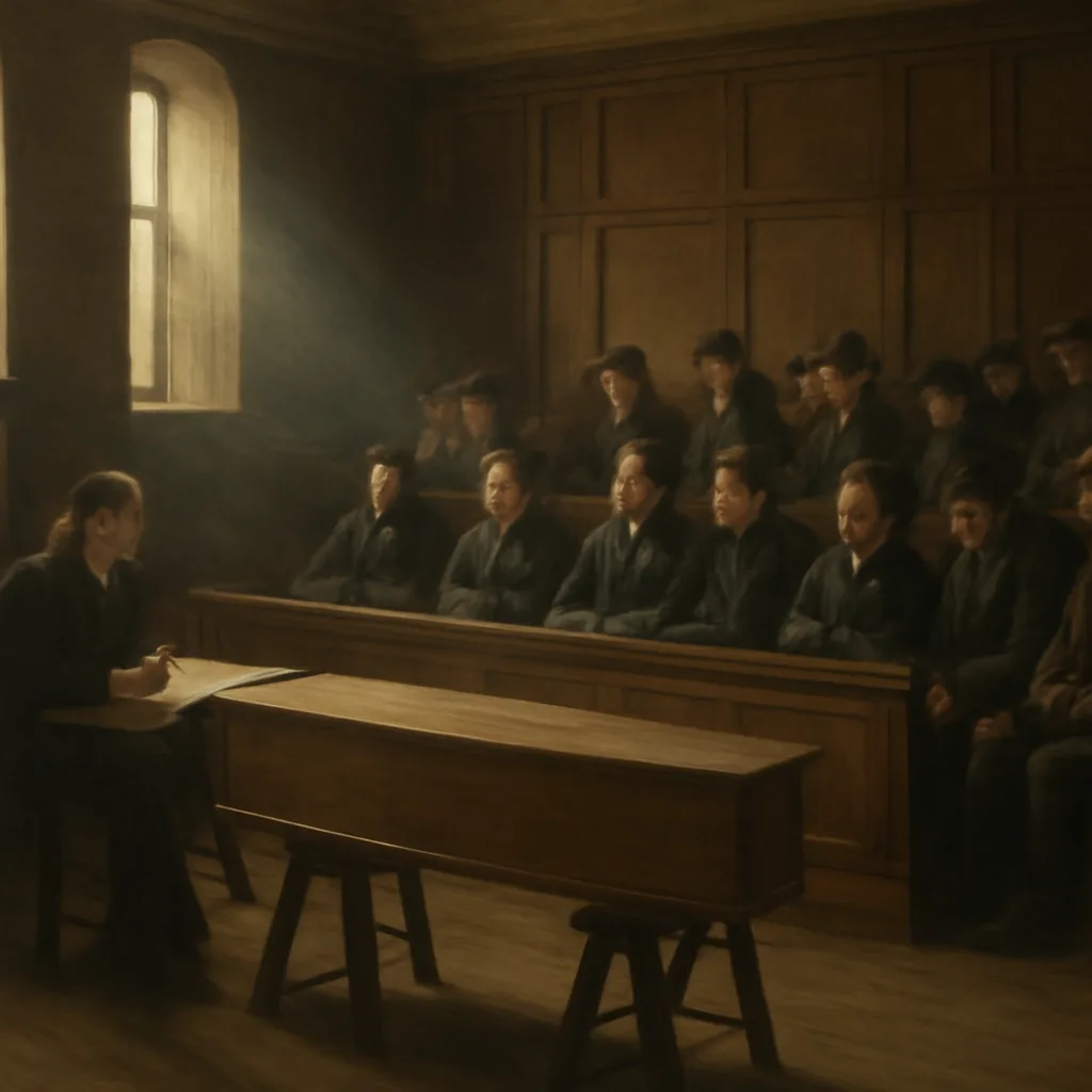 A mid-19th-century coroner's inquest scene: wooden-paneled room with seated jurors, a coffin on a trestle, a physician taking notes, and townspeople standing—no identifiable faces.