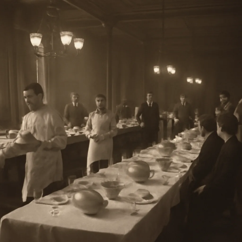 A late 19th-century banquet hall set for a large communal meal with long tables, covered dishes and servers in period clothing; atmosphere of a formal urban social gathering.