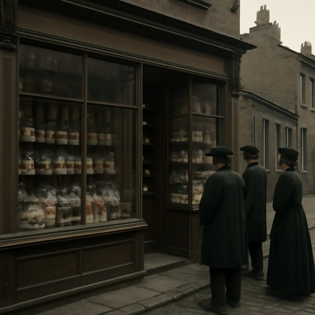 Victorian-era confectionery shopfront with jars of sweets and scale on counter, crowded street outside in Bradford, 1880s.