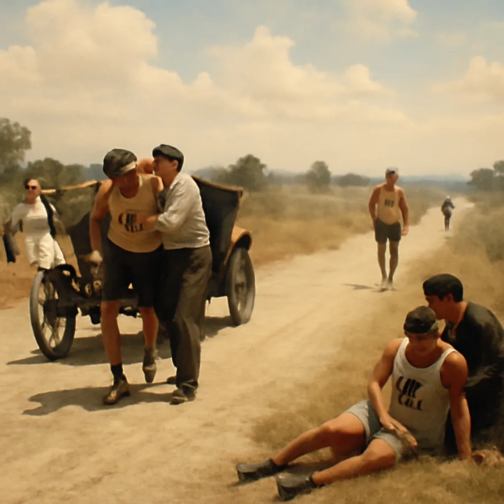 Early 20th-century dusty country road with a small group of marathon runners staggered along it, horse-drawn wagons and an early automobile nearby, and spectators in period clothing lining the roadside.