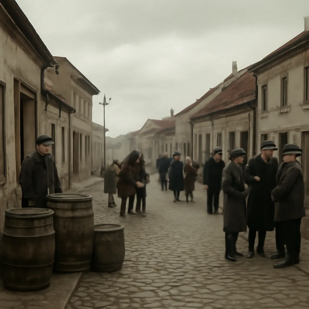 Early 20th-century Polish street scene with people gathered near a modest spirits shop and a horse-drawn cart carrying barrels; somber mood reflecting a public-health incident.