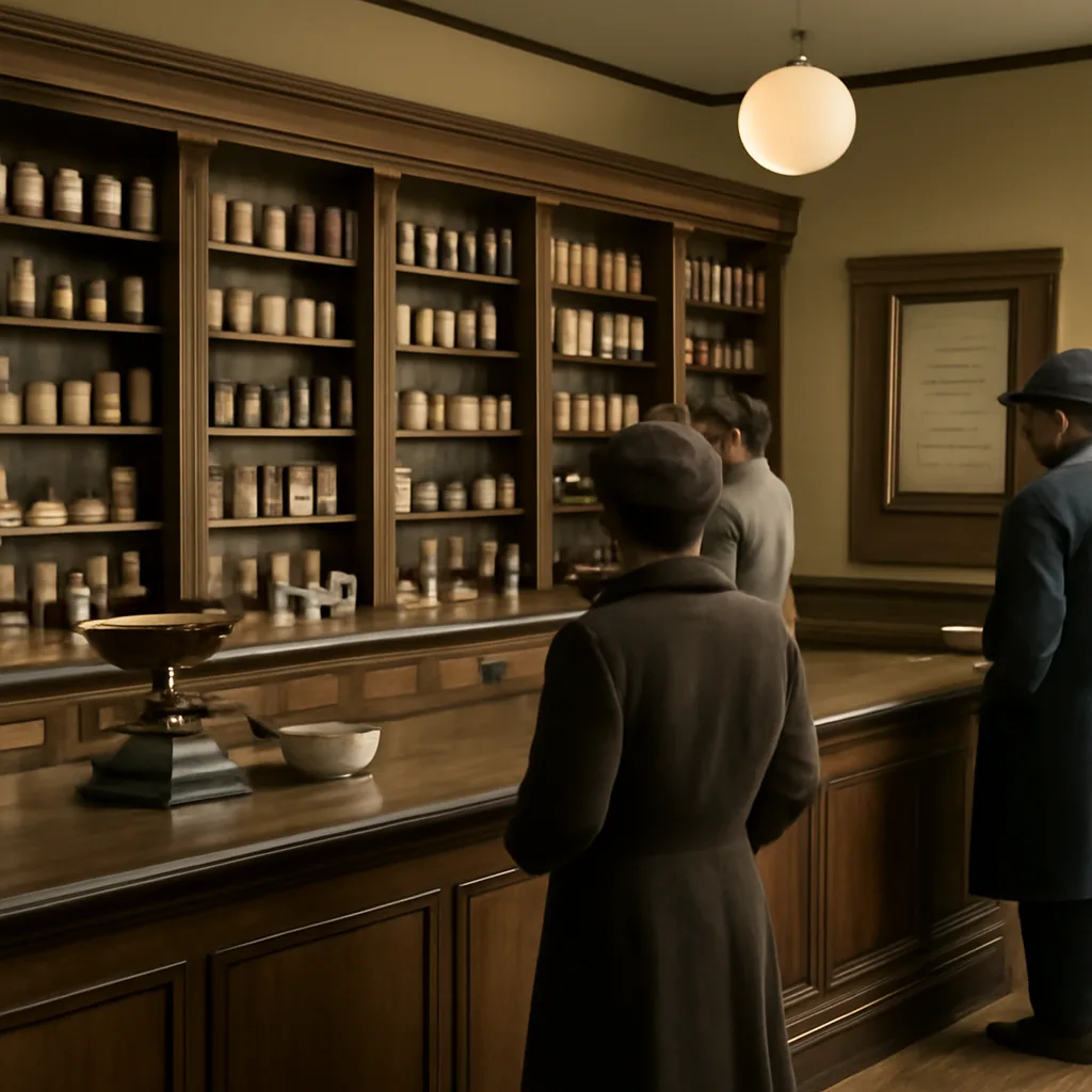 Pharmacy counter and shelves circa early 1930s stocked with unlabeled and paper-wrapped patent-medicine bottles, with a city health bulletin posted nearby advising consumers to stop using a recalled remedy.