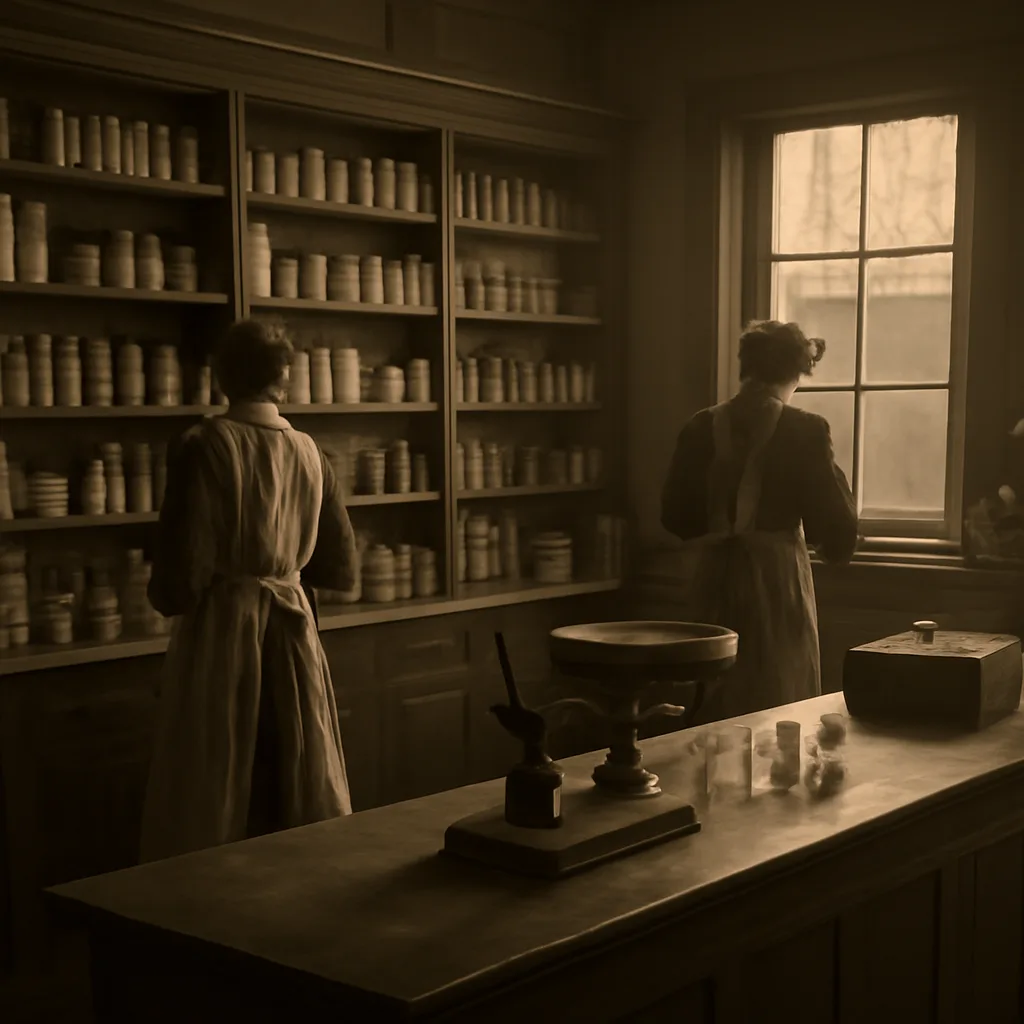 Shelves of early 20th-century patent-medicine bottles and boxed household remedies on a drugstore counter, with printed labels and glass vials typical of 1930s packaging.