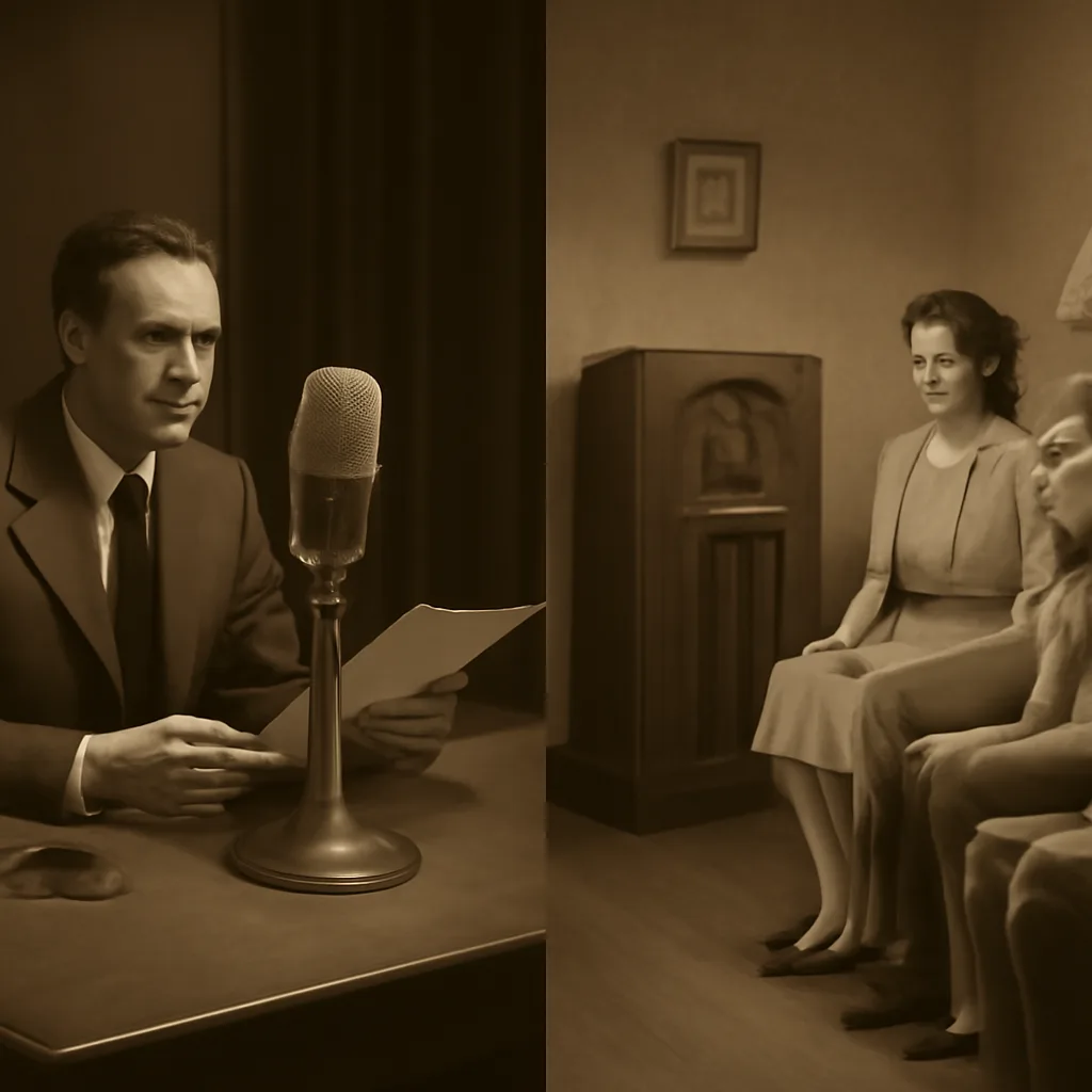 A 1930s radio studio with microphone, script pages and a radio actor at a microphone; a darkened living room with an old radio and listeners gathered, reflecting 1938 broadcast conditions.
