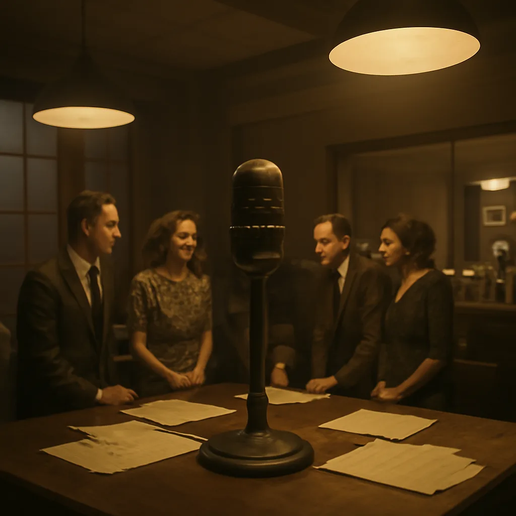 A 1930s radio studio with a microphone, scripts, and actors in period clothing gathered around, with a dimly lit control room and radio equipment visible in the background.