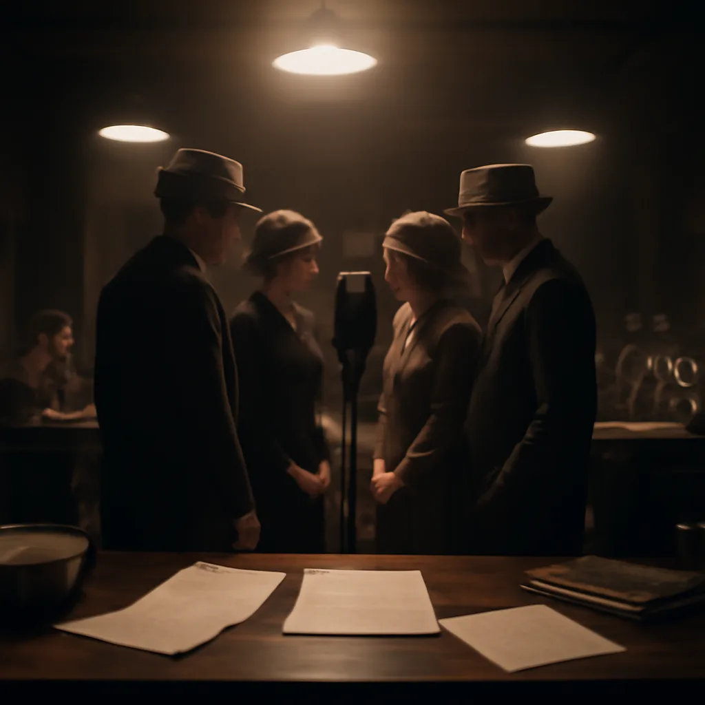 1930s radio studio with microphone, scripts, and sound-effect instruments on a wooden table; technicians and actors in period clothing seen from behind, studio lighting and CBS-era equipment visible.