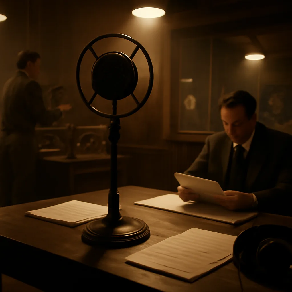 1930s radio studio with microphone, script pages and vintage radio equipment, suggesting a live drama broadcast in progress.