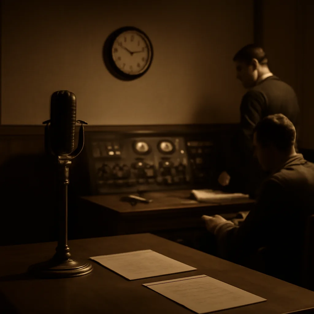 A 1930s-era radio studio with microphone, scripts, and a control console; period-dressed technicians and actors in silhouette, studio clock showing late evening.