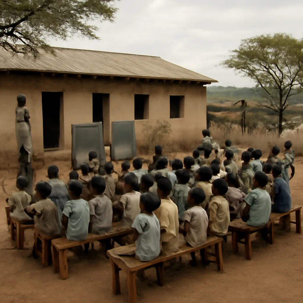 A rural Tanganyika village schoolyard in the 1960s with groups of children and teachers gathered outside modest buildings and huts; no identifiable faces.