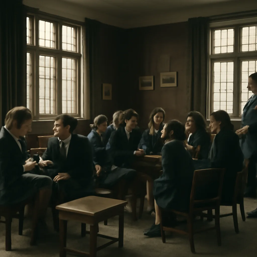 Interior view of a mid-20th-century British girls' boarding school common room with groups of students in period-appropriate uniforms, appearing engaged and talking; no identifiable faces.