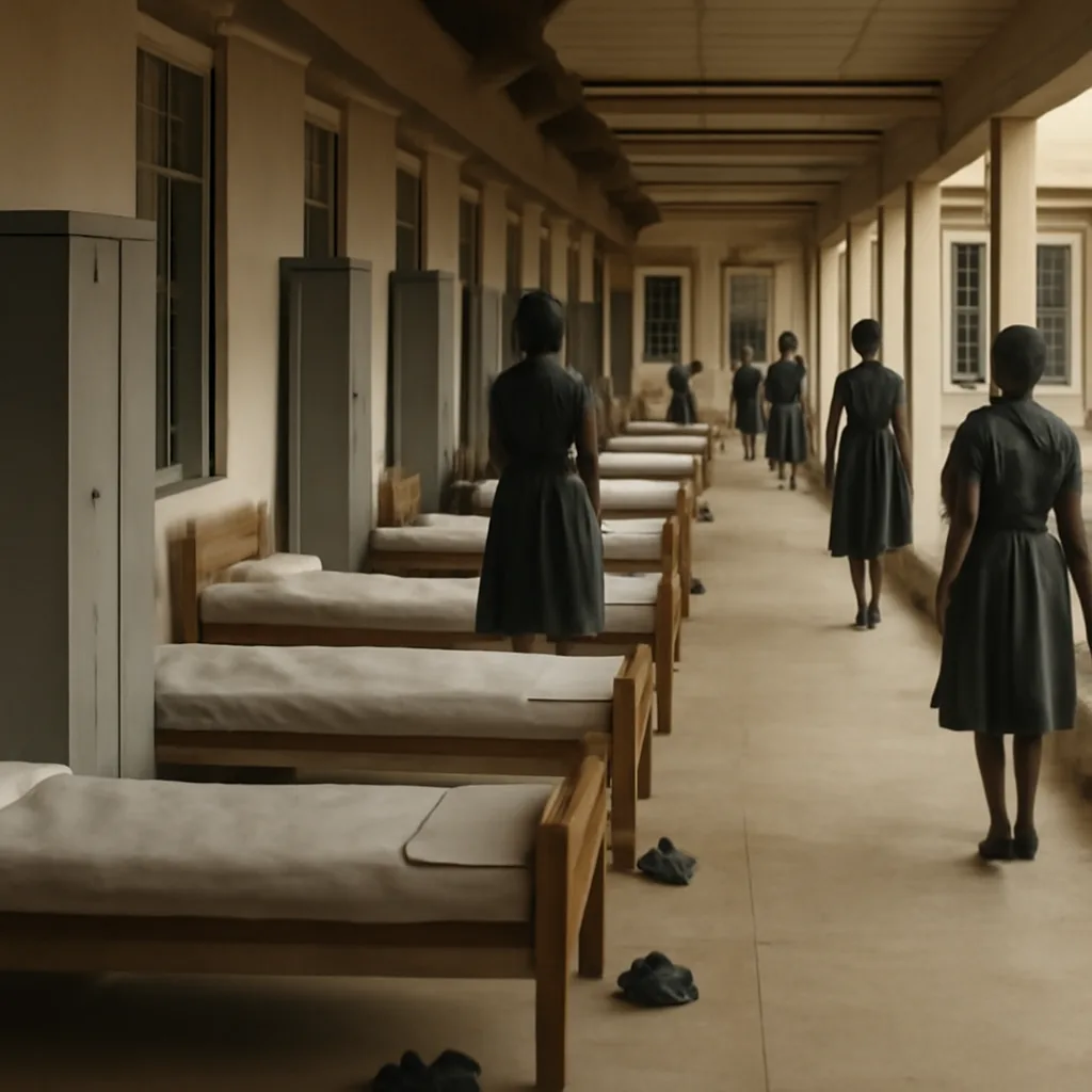 Boarding-school dormitory corridor in 1960s Tanganyika, showing rows of simple beds, uniformed schoolgirls' shoes lined neatly, and a distant group of girls gathered talking; period-appropriate architecture and furnishings.