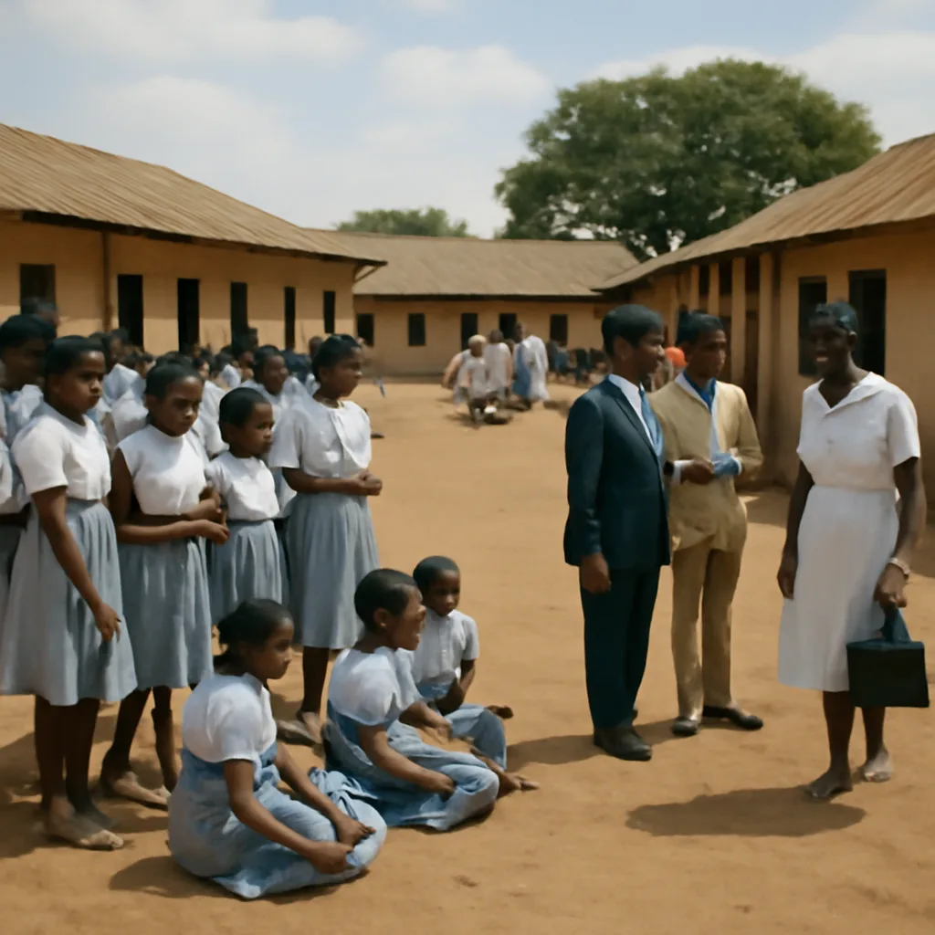 A mid-1960s East African rural school compound with thatched roofs and groups of schoolgirls in plain uniforms gathered outside; a calm but tense atmosphere as adults speak with teachers and a few medical personnel nearby.
