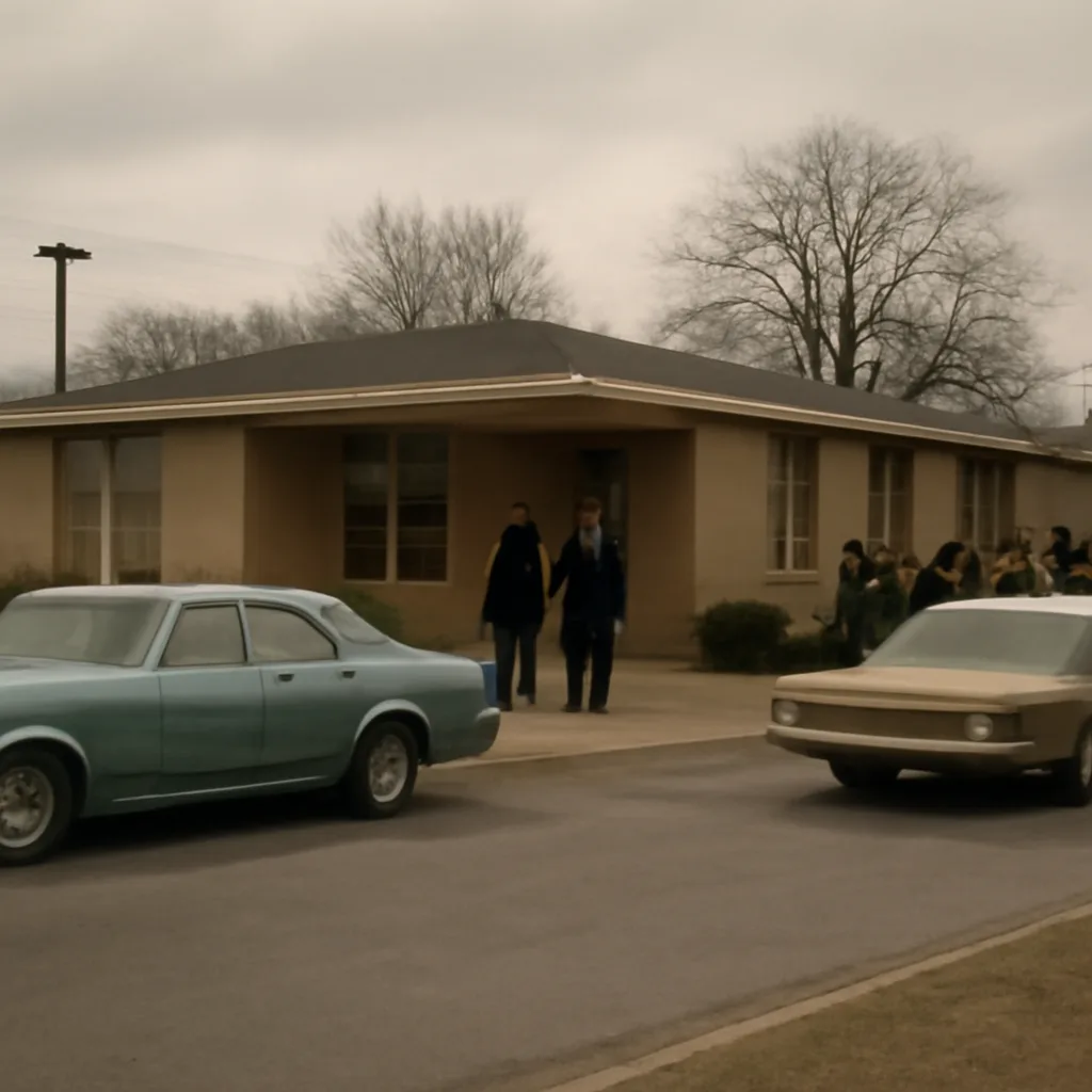 Exterior of a 1970s-era Texas medical clinic building with modest signage, police cars parked outside, and a few onlookers at a distance.