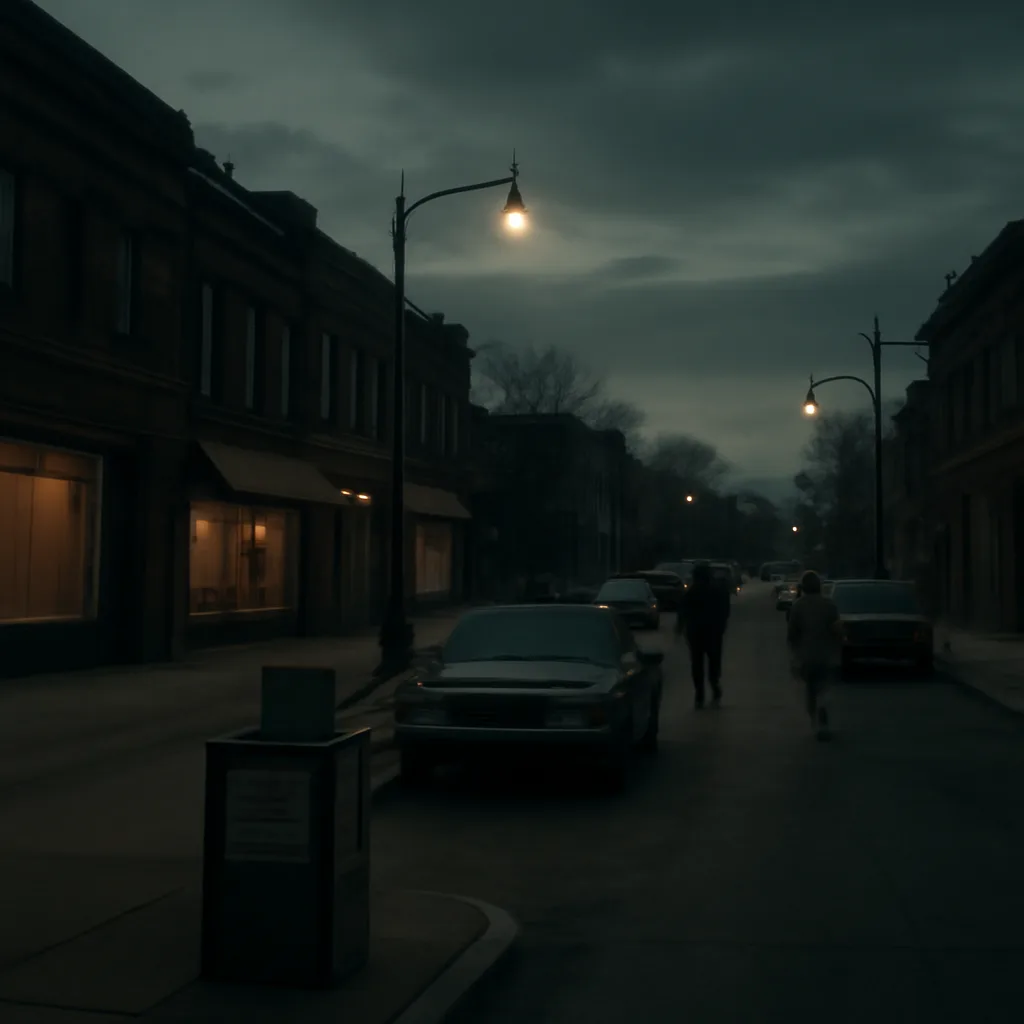 A mid-to-late 1970s urban Ohio neighborhood street at dusk, storefronts with period signage and a local newspaper stand; no identifiable faces.