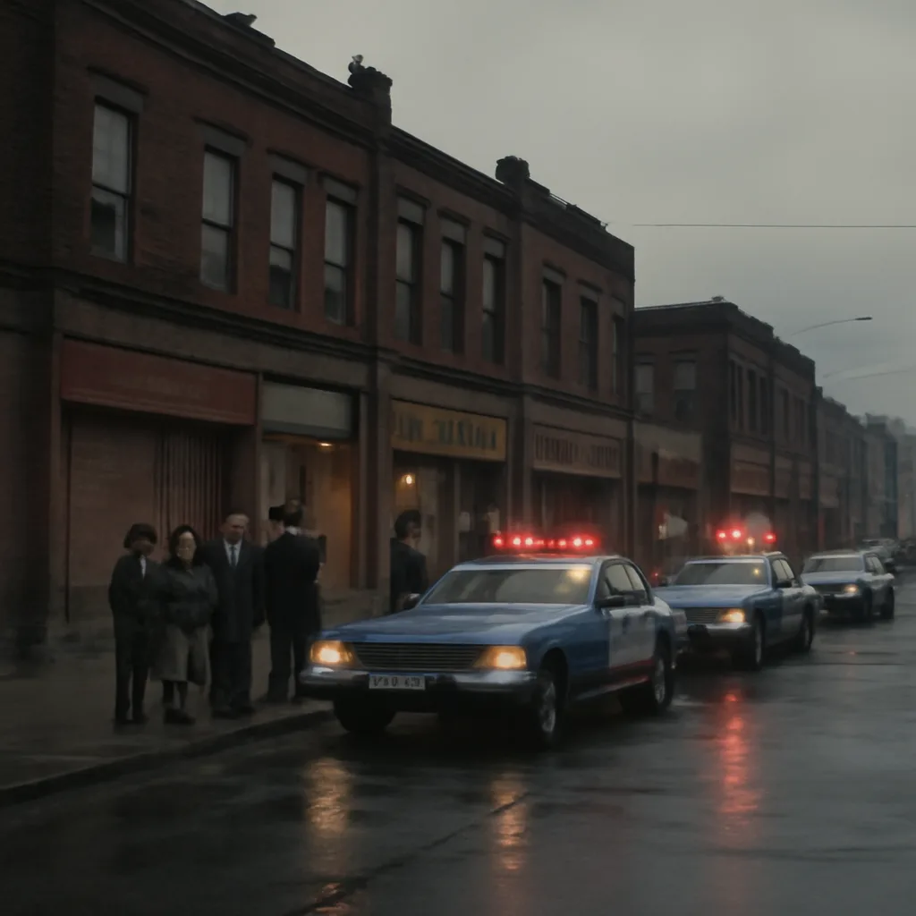 A 1970s Cleveland street scene at dusk: police squad cars with rooftop lights, storefronts with period signage, and officers speaking to residents on the sidewalk.