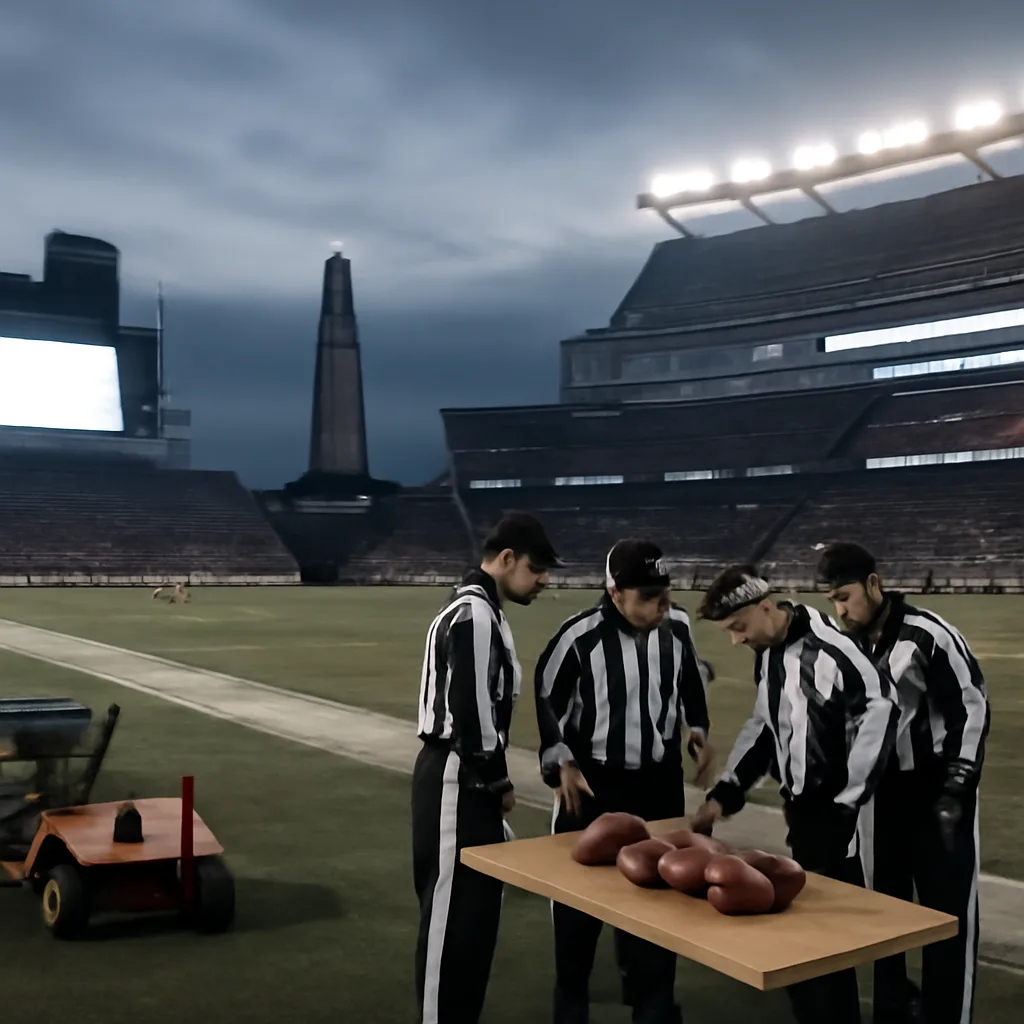 Gillette Stadium field at dusk during an NFL postseason game, showing footballs on the sideline and officials inspecting equipment; no identifiable player faces.