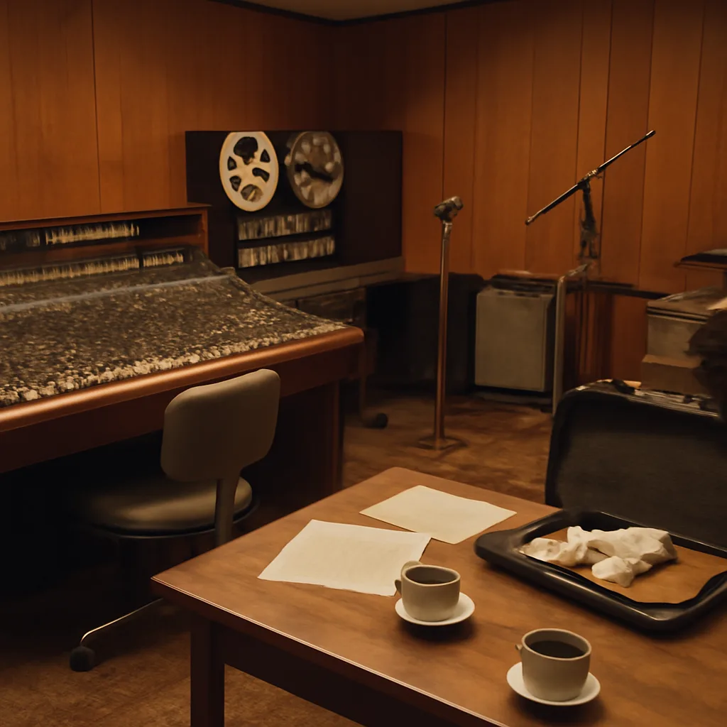 Recording studio interior in 1969–1970: mixing desk, reel-to-reel tape machines, microphones on stands, guitar cases and sheet music on a wooden table, dim warm lighting.