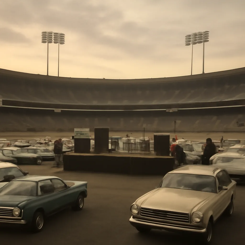 Wide shot of Candlestick Park in 1960s style: a large outdoor stadium with empty stage area, vintage amplifiers and microphone stands, and period-appropriate clothing and cars in the parking lot, evoking a mid-1960s rock concert setting.