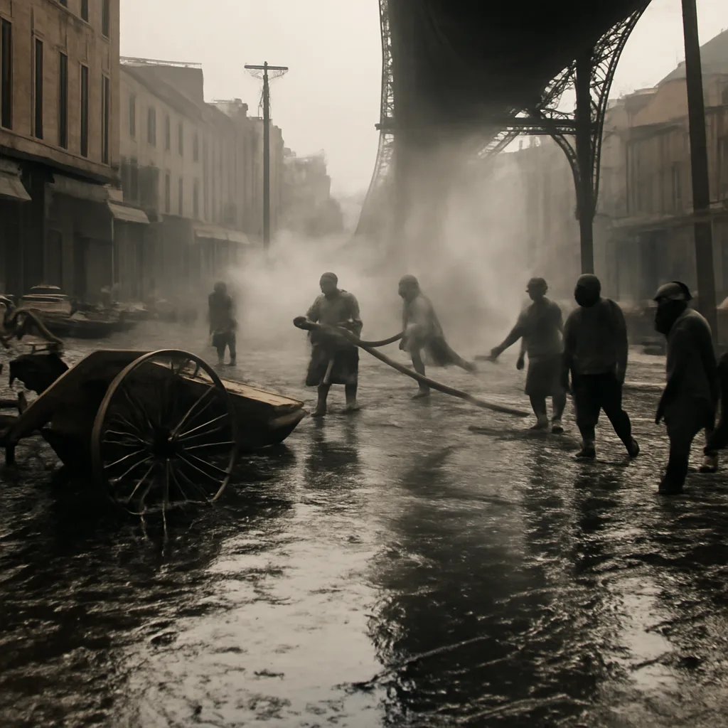 Early 20th-century Boston North End street covered in dark molasses, derailed vehicles and collapsed structures, debris and rescue workers in period clothing.