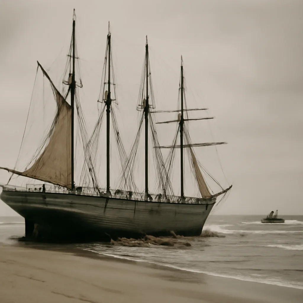 The five-masted schooner Carroll A. Deering stranded on a sandbank off Cape Hatteras in January 1921, hull aground with masts intact and no crew visible; overcast sky and choppy sea.