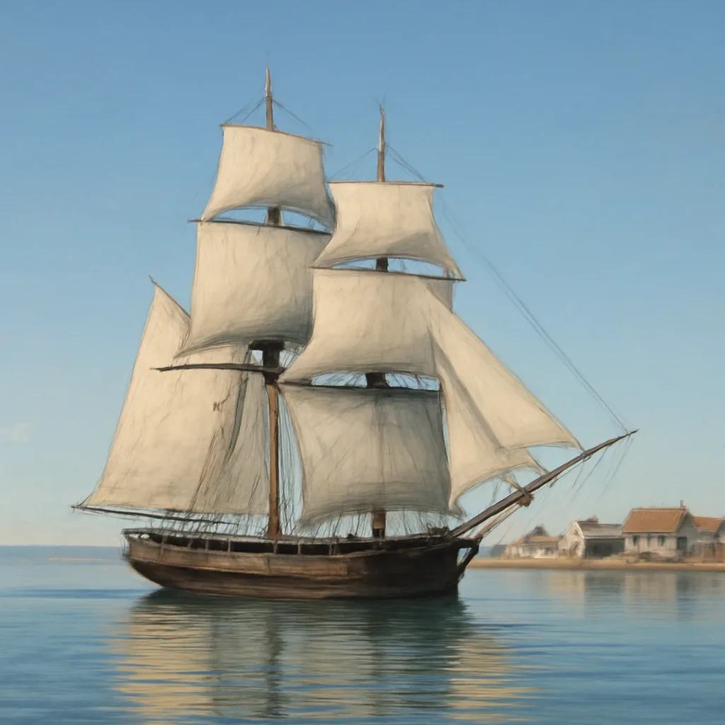 A mid-19th-century wooden merchant brig under full sail on calm seas, with a small coastal town visible on the horizon under clear sky.