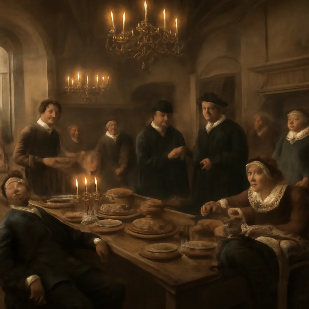 Late 16th-century communal banquet hall with a long wooden table, platters of period-appropriate food, and attendants; scene lit by candlelight and showing an atmosphere of concern among seated guests.