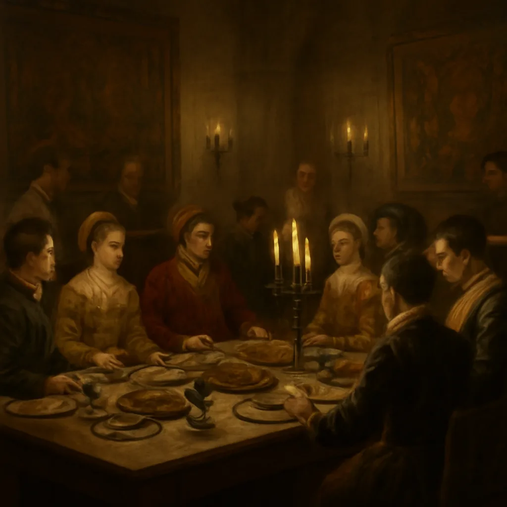 A wide interior view of a late 16th-century Italian banquet hall in Mantua: long table with platters, diners in period court dress from a distance, attendants and kitchen servants at the edges, candles and tapestries—no identifiable faces.