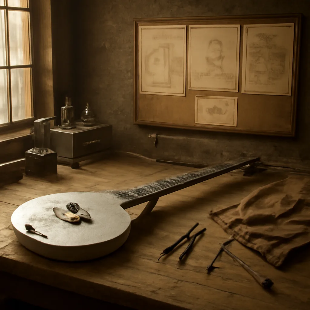 A 1930s-style workshop scene showing a circular aluminum-body lap steel guitar (the Rickenbacker 'Frying Pan') on a wooden workbench beside early amplifier components and tooling, circa 1936.