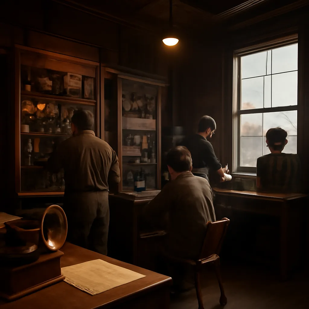 Early 1920s newspaper radio station room with antenna equipment, a phonograph, and engineers at consoles; no identifiable faces.